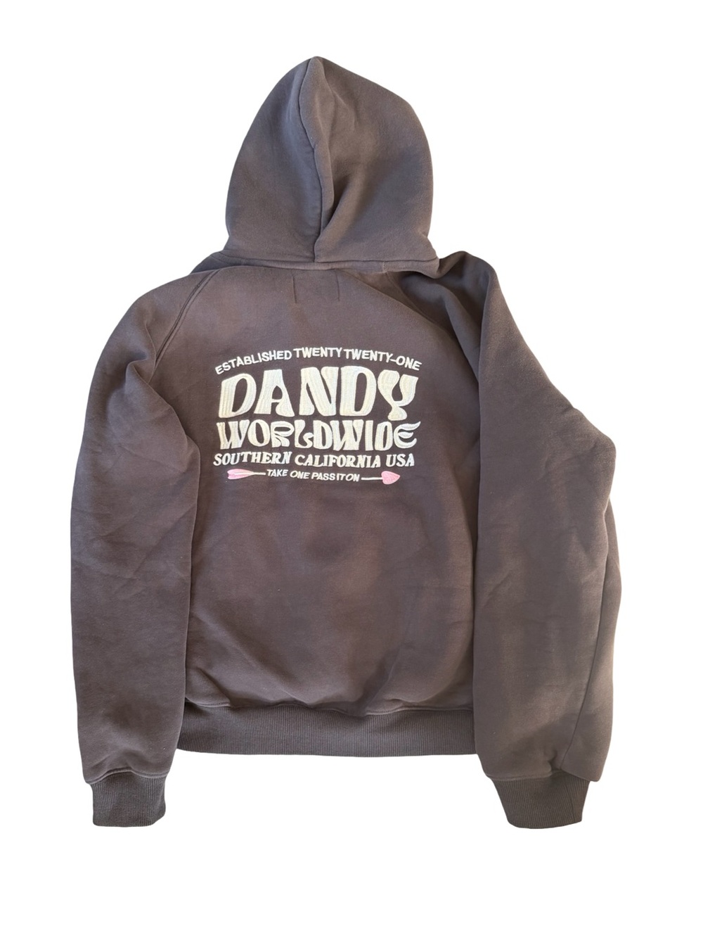 Dandy Worldwide Hoodie Womens Small Brown Pink Heart Sleeve Graphic Streetwear.
